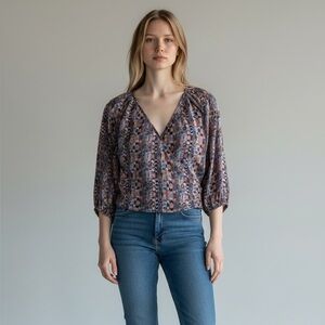 Tucker Wrap Buttoned Silk Blouse XS V-Neck Top Long Sleeve